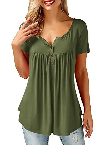 Produktbild: AMORETU T-Shirt Damen V-Ausschnitt Knopfleiste Bluse Solide Tunika Sommer Tops , Kurzarm-armeegrün, XL/DE 50-52