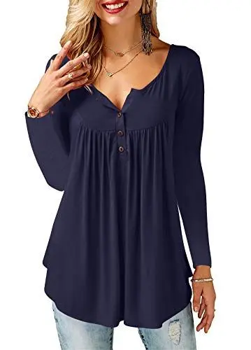 Produktbild: AMORETU T-Shirt Damen V-Ausschnitt Knopfleiste Bluse Solide Tunika Sommer Tops , Langarm-marineblau, L/DE 46-48