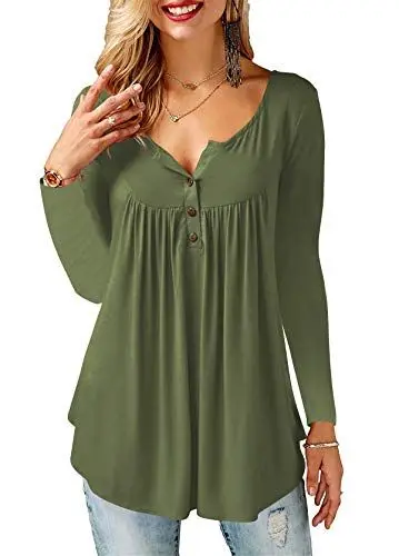 Produktbild: AMORETU T-Shirt Damen V-Ausschnitt Knopfleiste Bluse Solide Tunika Sommer Tops , Langarm-olivgrün, XXL/DE 54-56