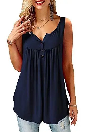 Produktbild: AMORETU T-Shirt Damen V-Ausschnitt Knopfleiste Bluse Solide Tunika Sommer Tops , Tanktop-blau, XL/DE 50-52