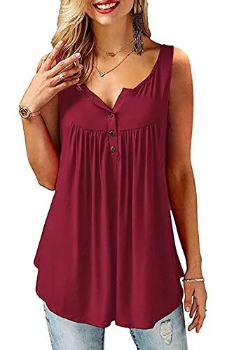 Produktbild: AMORETU T-Shirt Damen V-Ausschnitt Knopfleiste Bluse Solide Tunika Sommer Tops , Tanktop-weinrot, XXL/DE 54-56