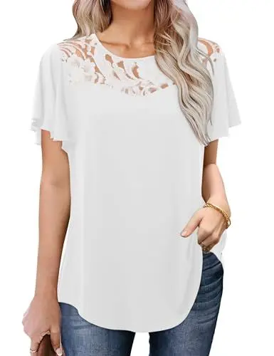 Produktbild: Amoretu Bluse Damen Sommer Casual Rüschenärmel Tunika Tops Einfarbige Longshirt Weiß XXL