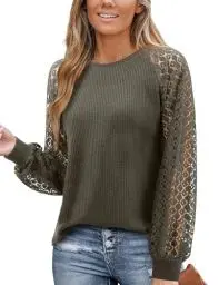 Produktbild: Amoretu Damen Langarmshirt Top Spitze Longshirt T Shirt Damenblusen Elegant Tunika Langarm Armeegrün L