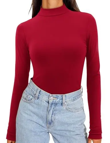 Produktbild: Amoretu Langarmshirt Damen T-Shirt Langarm Basic Bluse Stehkragen Rolli Long Sleeve Shirt Weinrot L