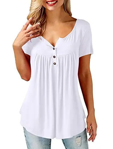 Produktbild: Amoretu Oberteile Damen Tunika Sommer Kurzarm Lose Knopfleiste Bluse Tops, L, A-weiß