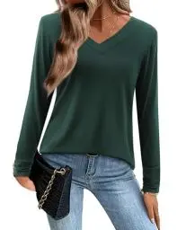 Produktbild: Amoretu T-Shirt Langarm Damen Tunika V Ausschnitt Oberteile Langes T Shirt Locker Langarmshirt Weihnachtspullover Dunkelgrün XL