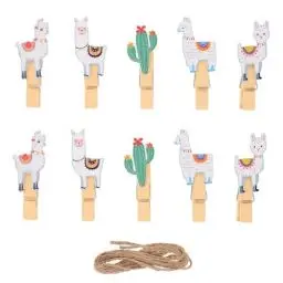 Produktbild: Amosfun 10 Stücke Kaktus Alpaka Mini Holzklammern mit Seil Holz Wäscheklammern Zierklammern Dekoklammern Weihnachten Deko Klammern Foto Clips für Fotowand Snacks Tüten