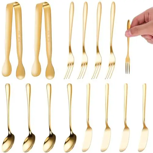 Produktbild: Amosfun 14-Teiliges Servierbesteck Goldene Vorspeisengabeln Butterschneider Kaffeelöffel Zuckerzangen-Set Mini-Servierbesteck-Set Für Hochzeit Party Urlaub