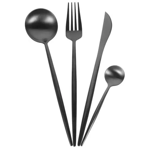Produktbild: Amosfun 1 Satz Besteck Aus Edelstahl Tragbares Besteck Hochglanzpoliertes Geschirr Steakgabel-löffel-kit Wiederverwendbares Silberbesteck Schwarze Servierlöffel Rostfreier Stahl Black