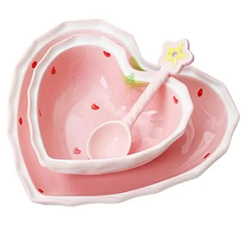 Produktbild: Amosfun 1 Satz Erdbeerschale aus Keramik Rührschüsseln mikrowellengeeignet herzförmige Schalen Geschirr herzförmige Schüssel Fruit Bowl Salat Bowl Löffel und Schüssel futternapf