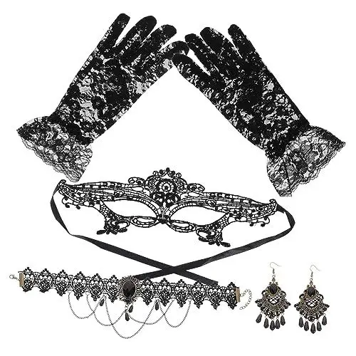 Produktbild: Amosfun 1 Set Damen Maske Handschuhe Halskette Ohrringe Set Für Maskenball Kostü Mit Spitzenmaske Ideal Für Halloween Und Karneval