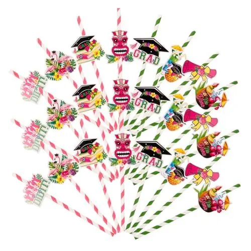 Produktbild: Amosfun 24 Stück Hawaiianische Trinkhalme Party Getränkestrohhalme Absolventen Partyzubehör Partystrohhalm Papierstrohhalm Cocktailstrohhalme Abschlussstrohhalme Für Trinkhalme