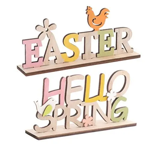 Produktbild: Amosfun 2St. Ostern Schriftzug Holz Easter Hello Spring Tischdeko Hasen Deko Aufsteller Objekt Dekofigur Osterschmuck Schlafzimmer Frühling Dekoration Osterdeko Kinder Party Geschenk