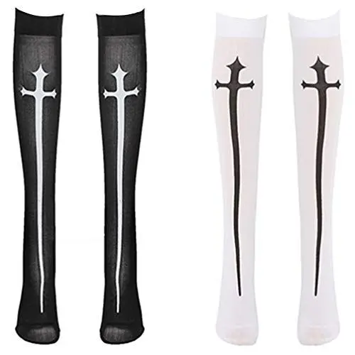 Produktbild: Amosfun 2 Paar Halloween Kniestrümpfe Cosplay Lolita Gothic Socken für Frauen Halloween Cosplay Party Dekorationen (Weiß Schwarz)