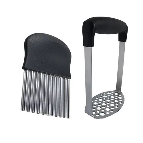 Produktbild: Amosfun 2 Stück 1 Satz kartoffelpresse aus Edelstahl Knoblauch Küchenhelfer Handstampfer Kartoffelmühle Kartoffelstampfer heizlùfter Kartoffelhacker und Reibe Karottenschneider trp Black