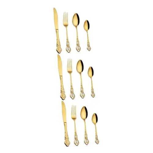 Produktbild: Amosfun 3 Sätze Westliches Besteckset Esslöffel Westliches Essensbesteck Servierutensilien Steakgeschirr Fischsteak Strauß Silberbesteck Lebensmittel-service-löffel Edelstahl 304 Golden