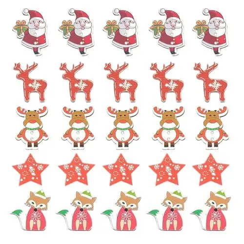 Produktbild: Amosfun 50 Stücke Weihnachten Knöpfe Holz Weihnachtsmann Holzknöpfe Stern Holzscheiben Rentier Fuchs Kinderknöpfe Tischdeko Streudeko für Kinder Basteln Nähen Scrapbooking DIY