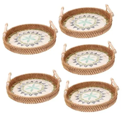 Produktbild: Amosfun 5St Rattan-Tablett Rattan-Gemüseschale Obstteller goldenes küchenzubehör Rattanbrot hochzeitslaken hochzeitsbingo Essenstablett Ablagen zum Organisieren Keramikschalen Bambus weben