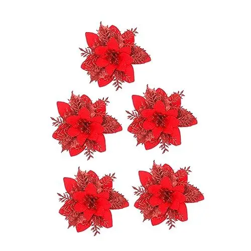 Produktbild: Amosfun 5st Künstliche Weihnachtsblume Kleine Weihnachtssterne Zum Basteln Weihnachtsstern Dekorationen Weihnachtsstern Ornamente Weihnachtsbaum Picks Glitzer Deko Stoff Blumen Blitz