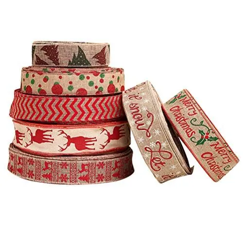 Produktbild: Amosfun 7 Stück Weihnachten Sackleinen Band Stoff Urlaub Sackleinen Band Jute Sackleinen verdrahtet Band Geschenkverpackung für Hochzeit Weihnachten(Zufällig)