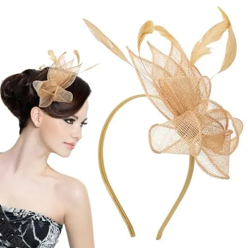 Produktbild: Amosfun Eleganter Fascinator Damen Hut Mit Abnehmbarem Haarreif Und Haarklammer FüR Teeparty, Cocktailparty, Halloween, Weihnachten, Gold