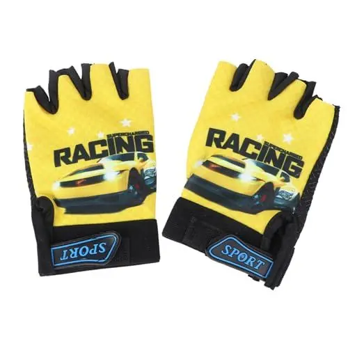Produktbild: Amosfun Junge Mädchen Fahrradhandschuhe Halbfinger Gelb Mit Auto-Muster Atmungsaktive Radsport-Handschuhe Für Jungen Und Mädchen Für Radfahren Laufen Und Outdoor-aktivitäten