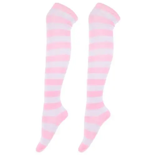 Produktbild: Gestreifte Strümpfe über dem Knie, Oberschenkelhohe Socken Anime Socken für Frauen Mädchen Rosa Weiß