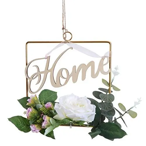 Produktbild: Amosfun Künstliche Blumenkranz Home Buchstaben Metallring Kunst Blumen Anhänger Türkranz Rose Wandkranz Holzdeko Nordischer Stil Eukalyptus Dekokranz Hochzeit Ostern Frühling Deko 20x22cm