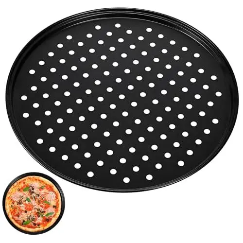 Produktbild: Amosfun Pizzateller Pizza Pfanne Pizza Halter Pizza-Form Backform für perfekte Pizza Knuspriger Pizzaboden Pizza-Backform Pizzablech Pizzapfanne für Ofen Küchenwaren Kohlenstoffstahl Black