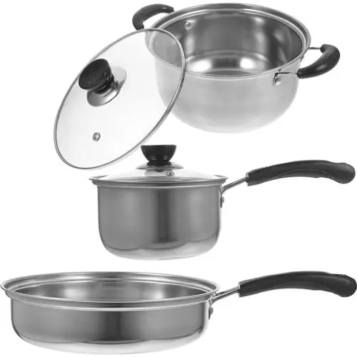 Produktbild: Amosfun Suppentopf-set Aus Edelstahl 3-teiliges Küchenkochgeschirr-set Bratpfanne Kochtopf Leicht Zu Reinigen Multifunktionaler Topf