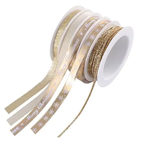 Produktbild: Amosfun Weihnachten Geschenkband Satinband Geschenkband Schleifenband Dekoband Weihnachtsbänder für DIY Basteln Handwerk Haarschleife Geschenkverpackung Kuchendeko Golden 25M 5 Rollen