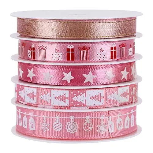 Produktbild: Amosfun Weihnachten Geschenkband Satinband Geschenkband Schleifenband Dekoband Weihnachtsbänder für DIY Basteln Handwerk Haarschleife Geschenkverpackung Kuchendeko Rosa 25M 5 Rollen