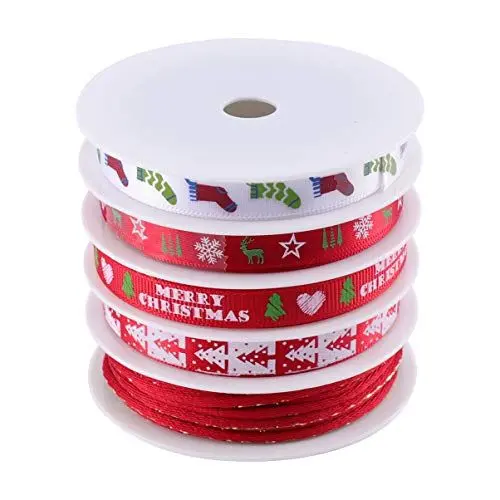 Produktbild: Amosfun Weihnachten Geschenkband Satinband Geschenkband Schleifenband Dekoband Weihnachtsbänder für DIY Basteln Handwerk Haarschleife Geschenkverpackung Kuchendeko Rot 25M 5 Rollen