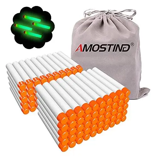 Produktbild: AMOSTING 100 Stück weiß Pfeile kompatibel mit Nerf Elite 2.0, Refill Darts Foam Patronen Ersatzpfeile mit einem Sack - Leuchten im Dunkeln