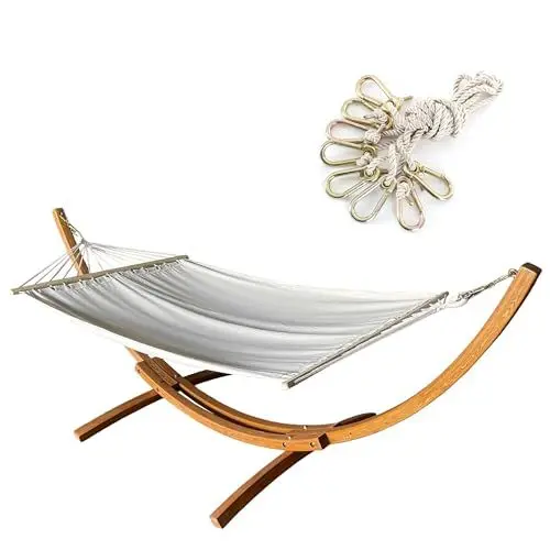 Produktbild: Ampel 24 Outdoor Hängematte Tobago mit Gestell Mauritius 310 cm braun, inkl. Sicherung, Hängemattengestell Holz wetterfest, Stabhängematte wollweiß
