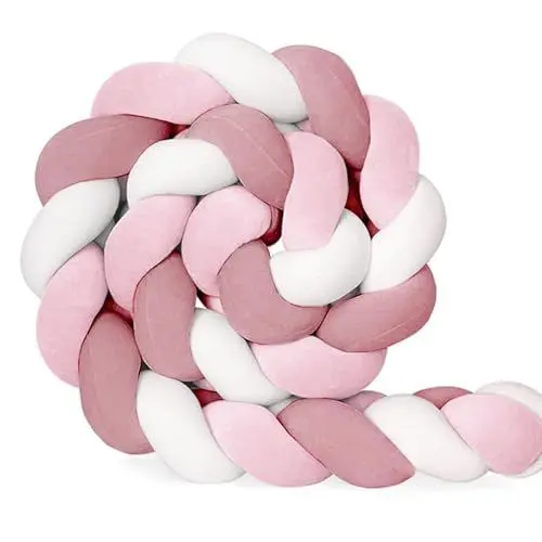Produktbild: AmphaDeco Bettschlange Geflochten, Nestchenschlange Geflochten,Knotenkissen Bettumrandung,Baumwolle Bequem Bettschlange Baby,Bettschlange,Nestchenschlange,Weiß rosa rot,350cm