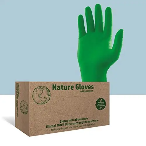 Produktbild: AMPri Biologisch abbaubare Nitrilhandschuhe, grün, 100 Stück/Box, Größe S, puderfrei, Nature Gloves by Med-Comfort: Nitril Einmalhandschuhe, Einweghandschuhe in den Größen XS, S, M, L, XL