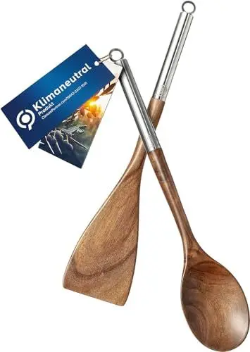Produktbild: AMØRE MIO® Premium Holzkochlöffel Set 100% Plastikfrei | Akazien Holz | Edelstahl | Hochwertig | Küchenzubehör 100% nachhaltig| Pfannenwender Küchenhelfer KochlöffelGeschenk (2er Set, 33 cm)