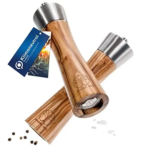 Produktbild: AMØRE MIO® Salz- und Pfeffermühlen (2er Set, 21 cm) | 100% plastikfrei | Gewürzmühlen | Hochwertiges Akazienholz | Verstellbares Keramikmahlwerk |Gewürzstreuer | Geschenk