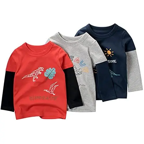 Produktbild: amropi Baby Jungen Gestreift T-Shirt 3er Pack Langarm Baumwolle Dinosaurier Tee Shirt Tops Rot Grau Schwarz,3-4 Jahre