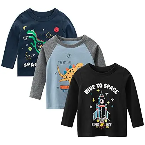 Produktbild: amropi Baby Jungen Gestreift T-Shirt 3er Pack Langarm Baumwolle Dinosaurier Tee Shirt Tops Schwarz Blau Schwarz,3-4 Jahre,Etikett 110