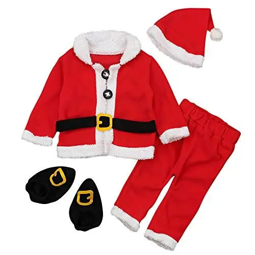 Produktbild: amropi Baby Jungen Weihnachten Santa Mäntel Tops + Hosen + Hüte + Socken 4Pcs Warme Bekleidungssets (Rot&Weiß,2-3 Jahre)