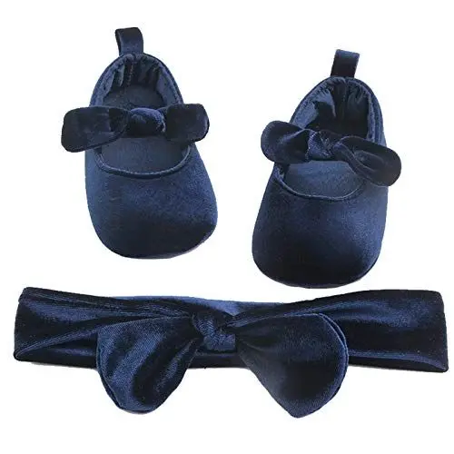 Produktbild: amropi Baby Mädchen Lauflernschuhe mit Haarband Krabbelschuhe Kleinkind Taufe Prinzessin Ballerina Schuhe (Marine, 9-12 Monate)