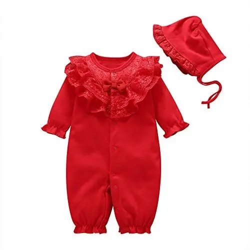 Produktbild: amropi Baby Mädchen Spitzenkragen Strampler Langarm Baumwolle Babykleidung + Hut 3-6 Monate,Rot