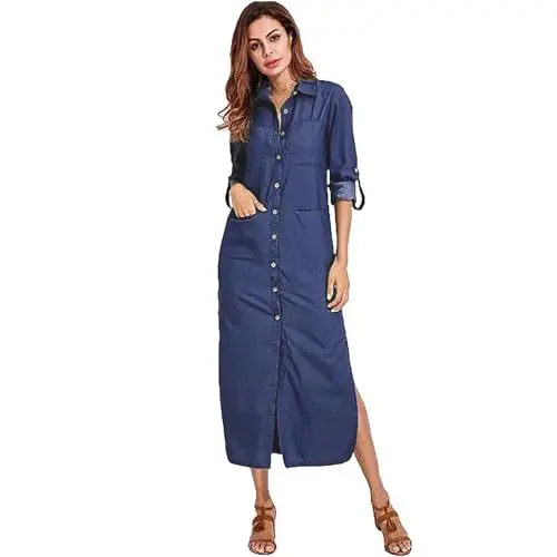 Produktbild: amropi Blusenkleid Damen Knöpfen Langarm Seitenschlitz Freizeitkleider Jeanskleid Maxikleid Marine,XXL
