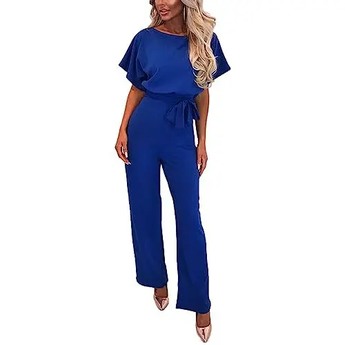 Produktbild: amropi Damen Kurzarm O-Ausschnitt Elegant Lang Jumpsuit Overall Hosenanzug Playsuit Romper Blau,3XL