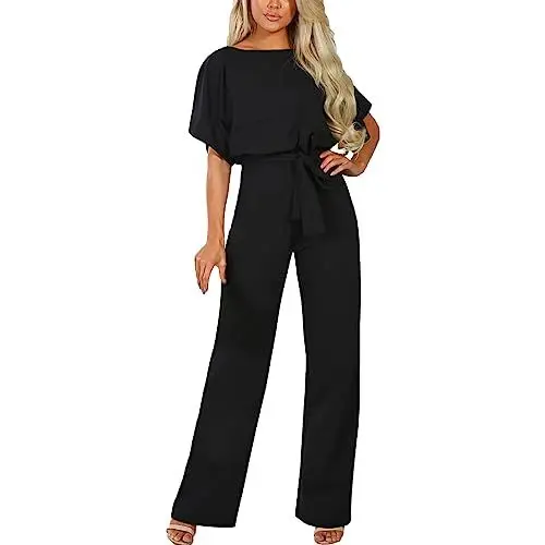 Produktbild: amropi Damen Kurzarm O-Ausschnitt Elegant Lang Jumpsuit Overall Hosenanzug Playsuit Romper Schwarz,S