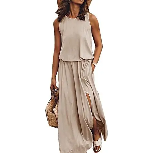 Produktbild: amropi Damen Sommer Casual Kleid Ärmelloses Lang Kleider Elegant Maxikleid Khaki,XL