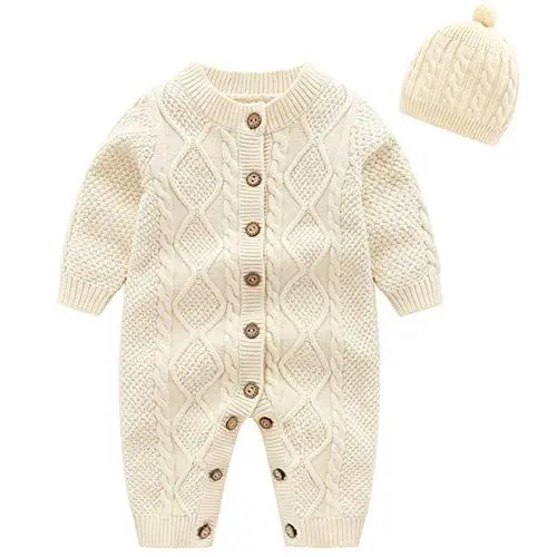 Produktbild: amropi Gestrickte Strampler Baby Mädchen Spieler und Mütze Strickanzug Schneeanzug Overalls Beige,0-6 Monate