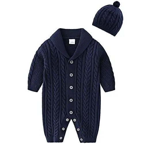 Produktbild: amropi Gestrickte Strampler Baby Mädchen Spieler und Mütze Strickanzug Schneeanzug Overalls Marine,6-12 Monate